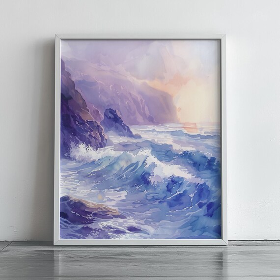Misty Ocean Waves at Sunset Watercolor Coastal Cliff Art Poster