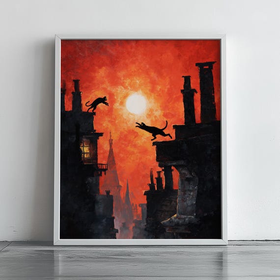 Moody Black Cats At Sunset Rooftop Scene Gothic Cityscape Art Wall Decor Vintage Style Halloween Theme 169
