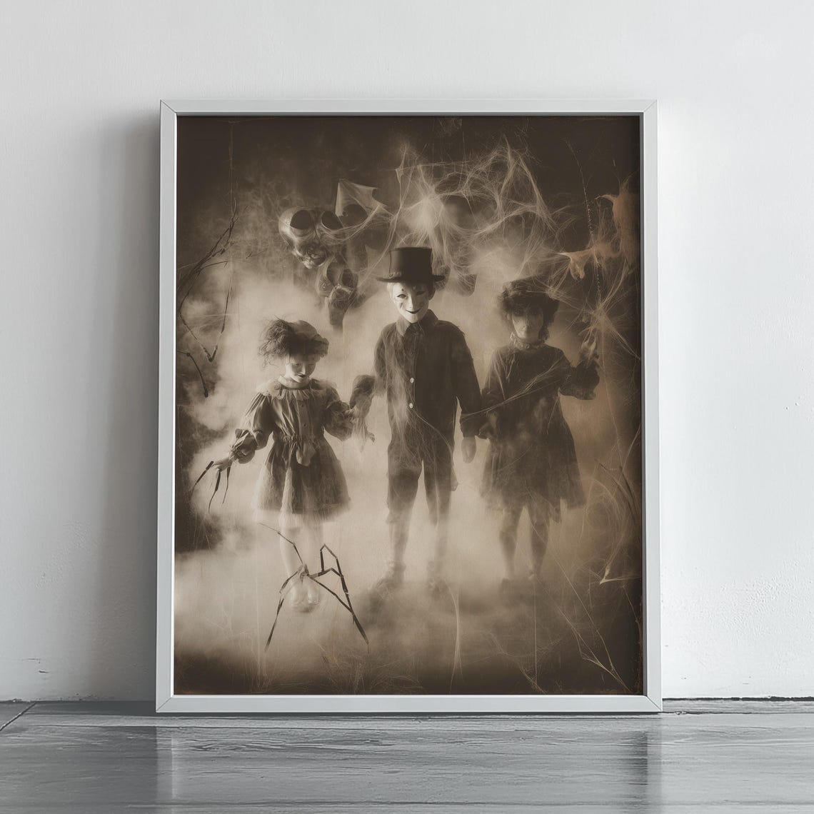 Spooky Sepia Masquerade Figures In Misty Cobwebs Vintage Halloween Poster