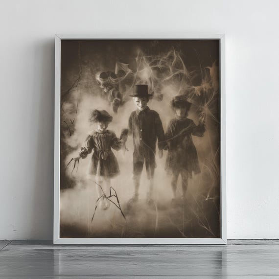 Spooky Sepia Masquerade Figures In Misty Cobwebs Vintage Halloween Poster
