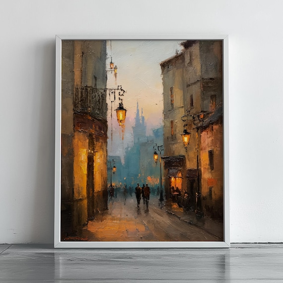 Moody European Street Autumn Night Oil Painting Cityscape Poster