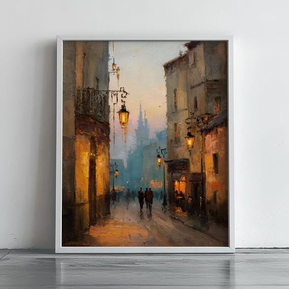 Vintage European City Street Scene Oil Painting Rustic Nightscape Moody Autumn Wall Art Urban Decor 194