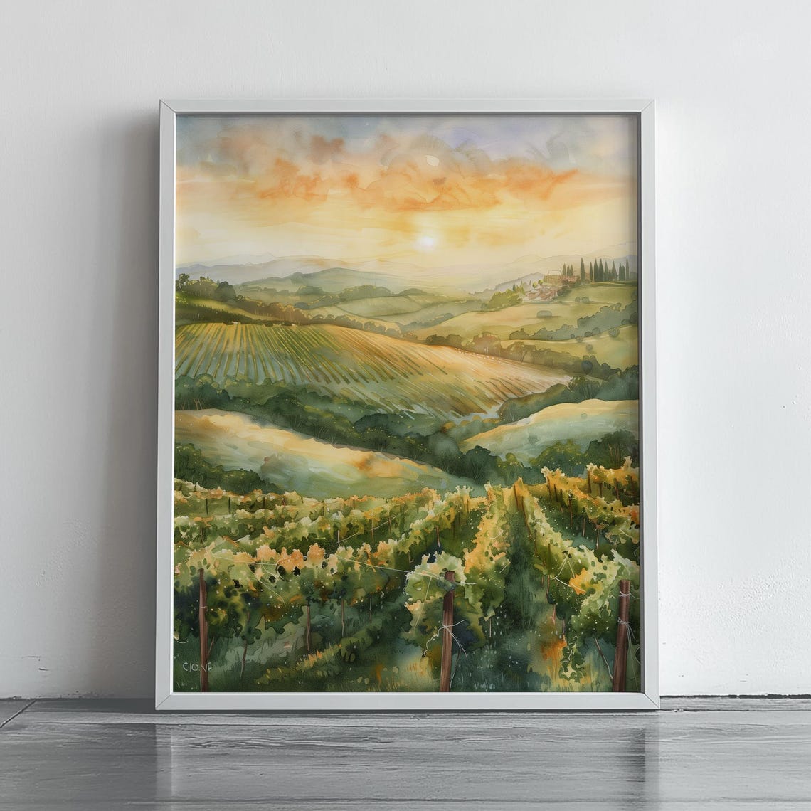 Rolling Vineyard Hills At Sunset Warm Watercolor Landscape Poster