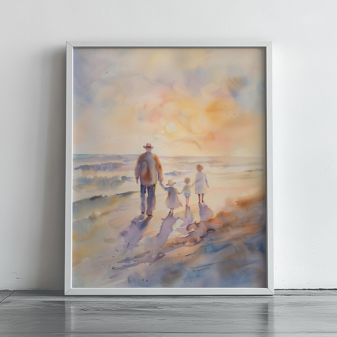 Grandfather And Grandkids Seaside Walk Sunset Watercolor Art Poster