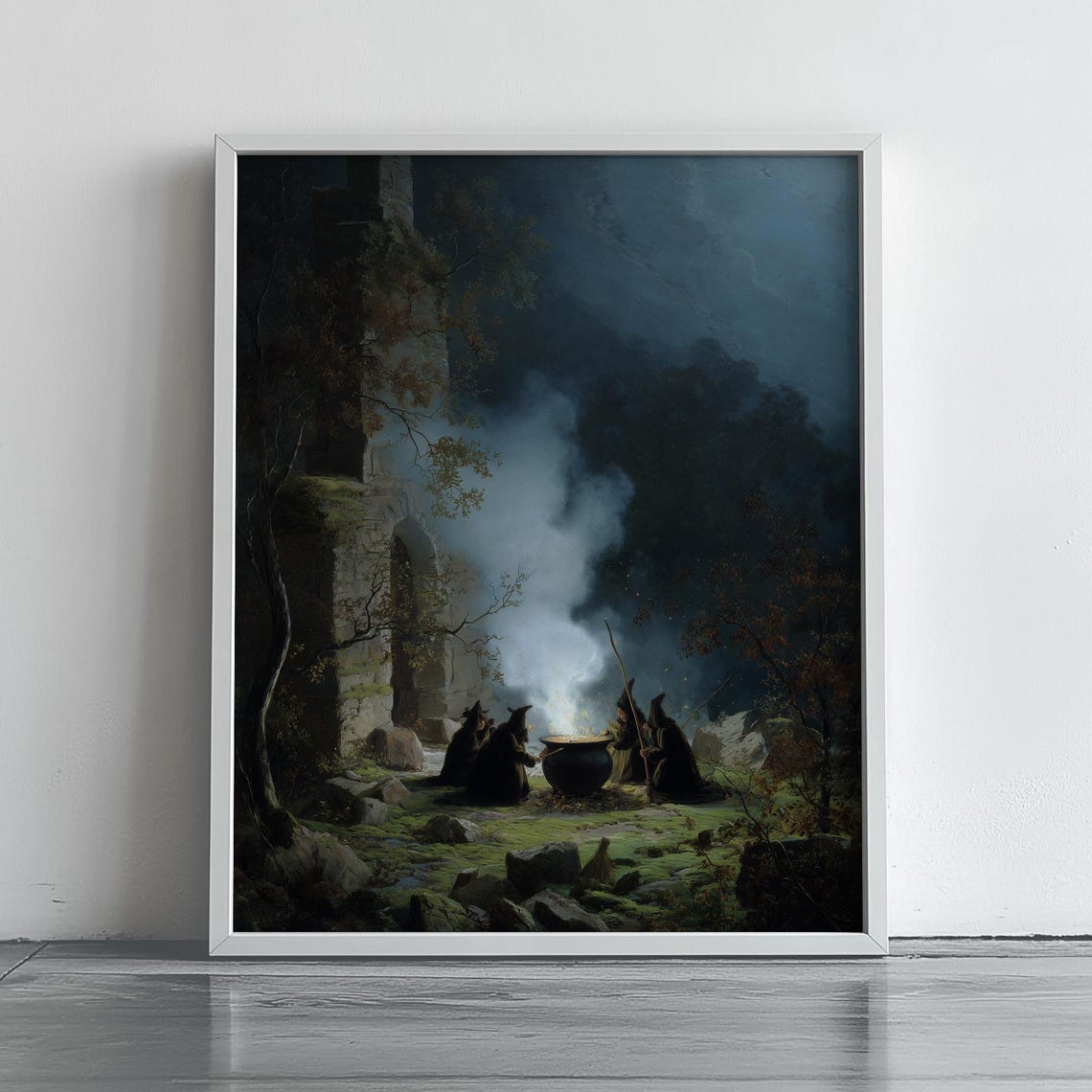 Witches Cauldron Night Forest Gathering Vintage Dark Fantasy Print