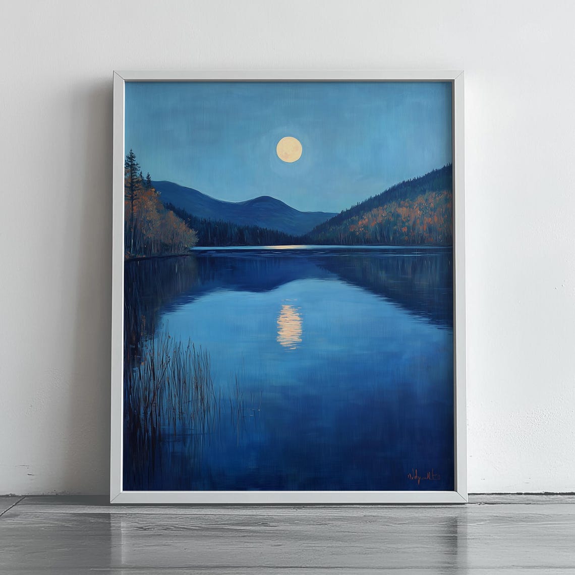 Moonrise Over Mountain Lake Mirror Reflection Blue Night Art Poster