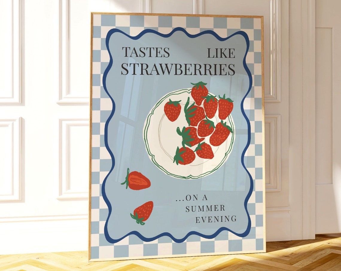 Tastes Like Strawberries Blue Checkered Retro Fruit Kitchen Print