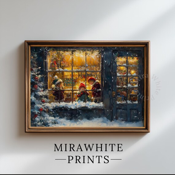 Vintage Christmas Toy Shop Print Children Snowy Window Night Painting