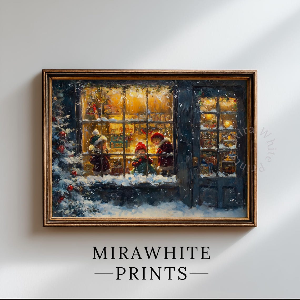 Vintage Christmas Toy Shop Print Children Snowy Window Night Painting