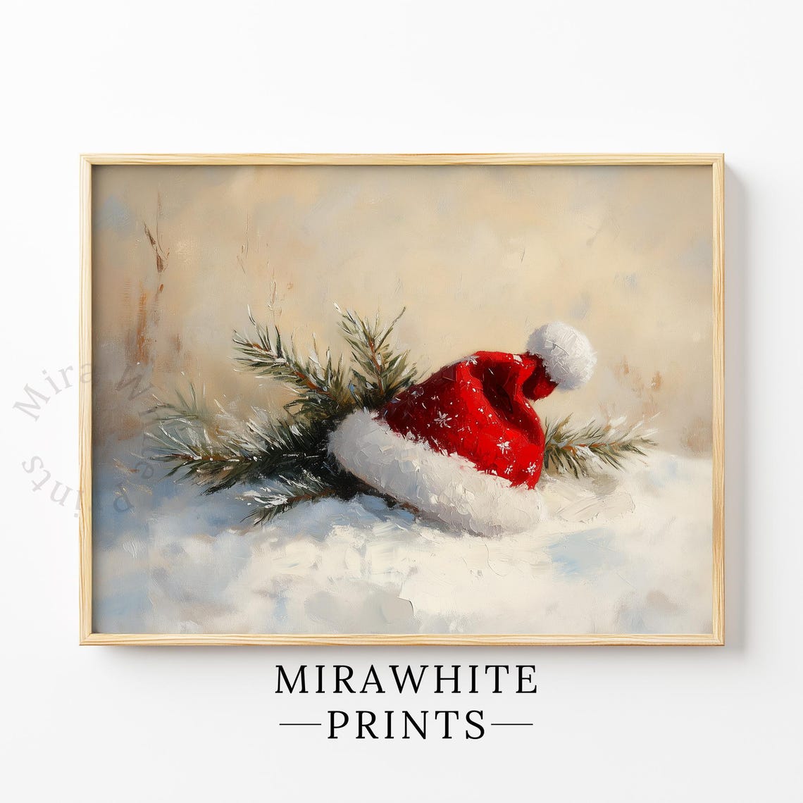 Rustic Santa Hat Print Snowy Pine Branches Vintage Christmas Painting