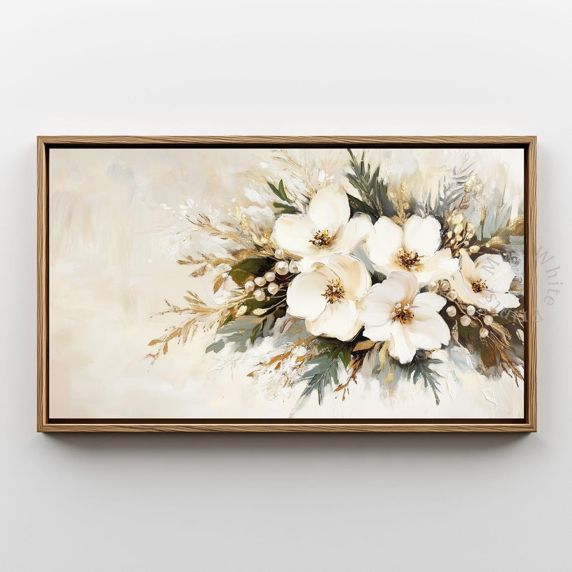 White Christmas Floral Print Winter Blooms Berries Gold Botanical Art