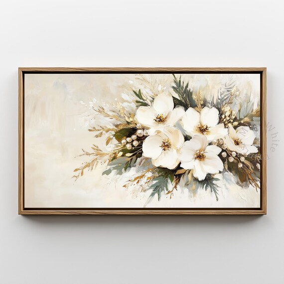 White Christmas Floral Print Winter Blooms Berries Gold Botanical Art