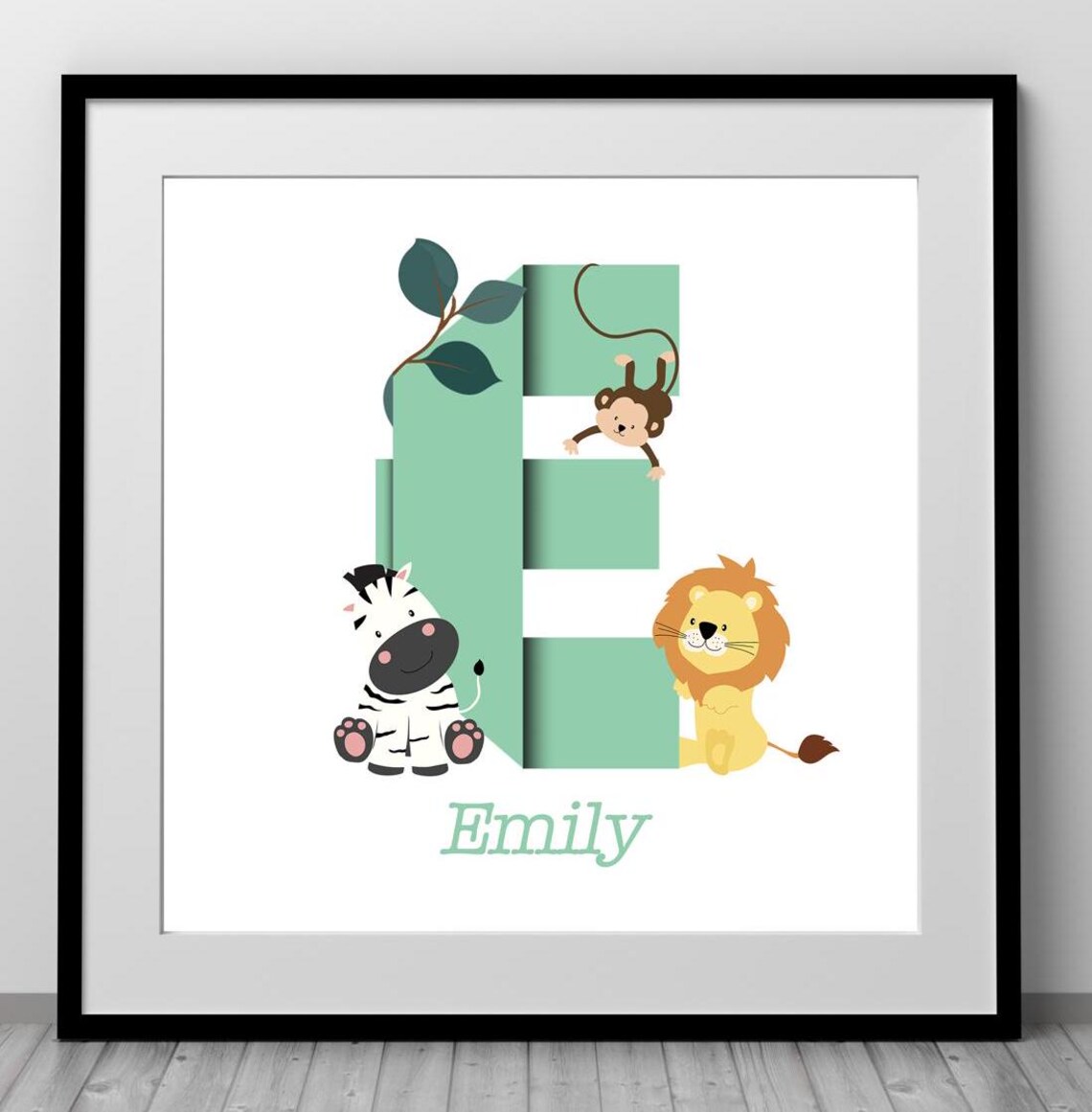 Personalized Safari Initial T Monkey Lion Elephant Name Poster - Image 3