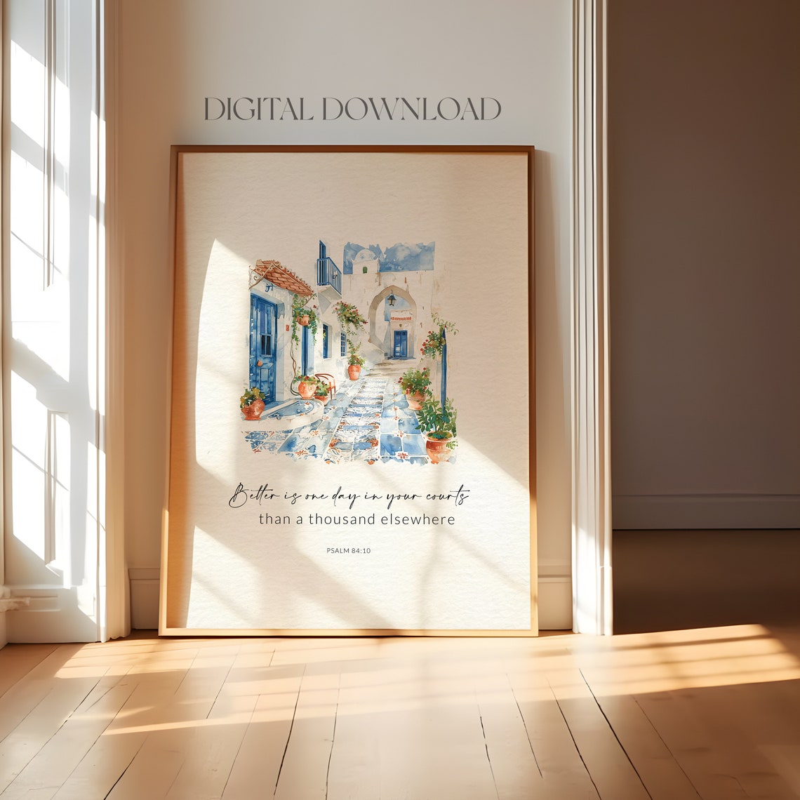 Psalm 84 10 Santorini Watercolor Alley Bible Verse Christian Poster - Image 2