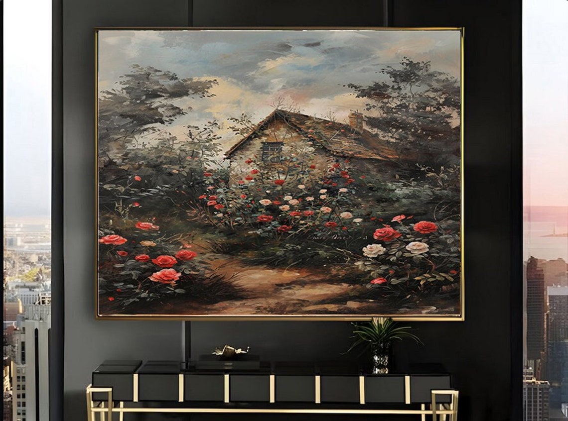 Rose Covered Cottage at Dusk Garden Path Muted Moody Sky Poster