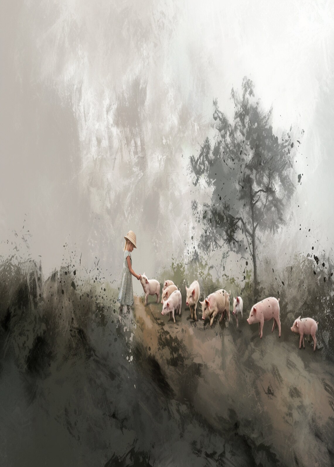 Girl Herding Pigs on a Misty Gray Hill Rustic Farm Painting Poster - Image 3