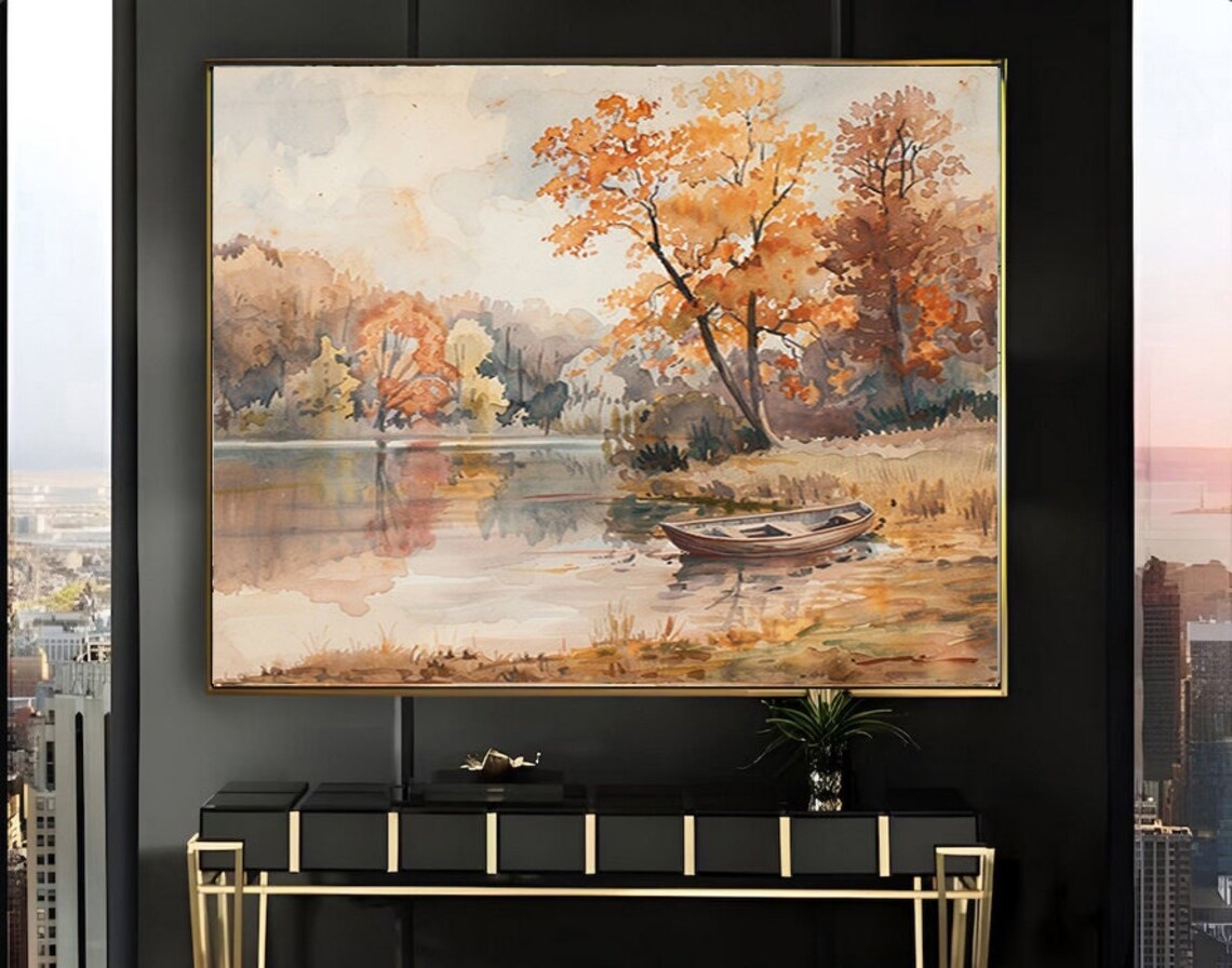 Autumn Lake with Rowboat on Shore Watercolor Painting Poster