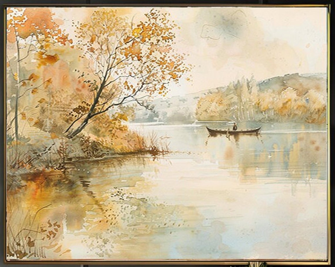 Golden Autumn Lake Scene with a Canoe under a Leaning Tree Poster - Image 2