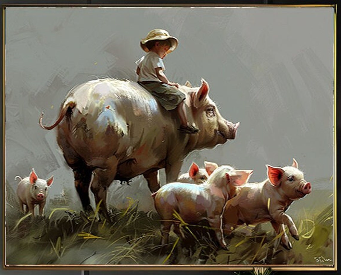 Boy Riding a Sow with Playful Piglets in Green Pasture Poster - Image 2