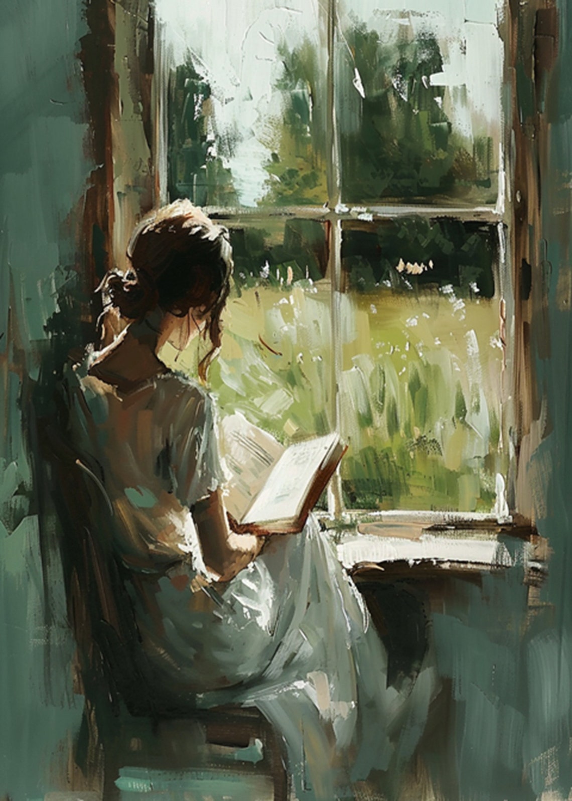 Woman Reading by a Tall Vine-Covered Window in Oil Art Poster - Image 2