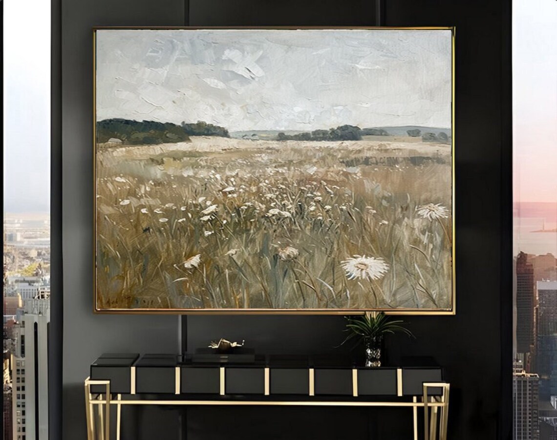 Daisy Wildflower Field Under Pale Sky Vintage Cottagecore Field Poster