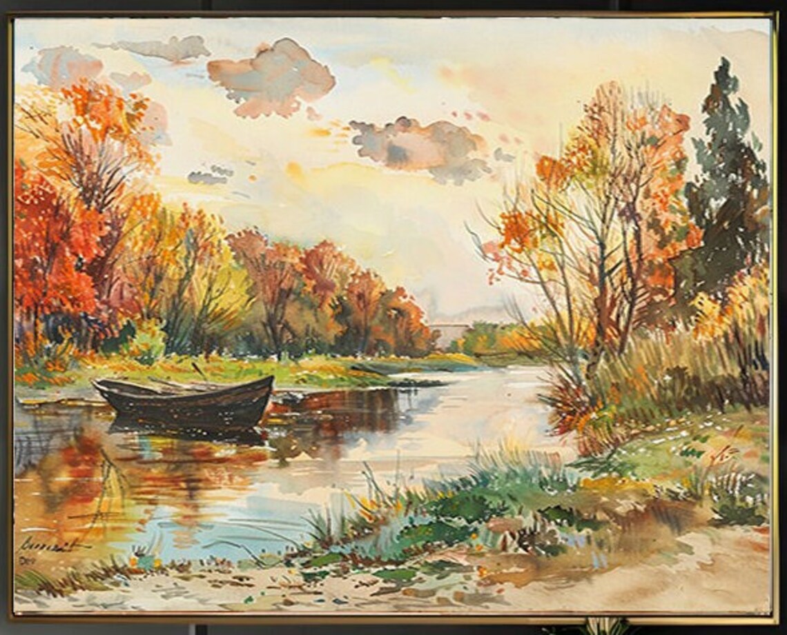 Vibrant Autumn River with Rowboat Watercolor Painting Poster - Image 2