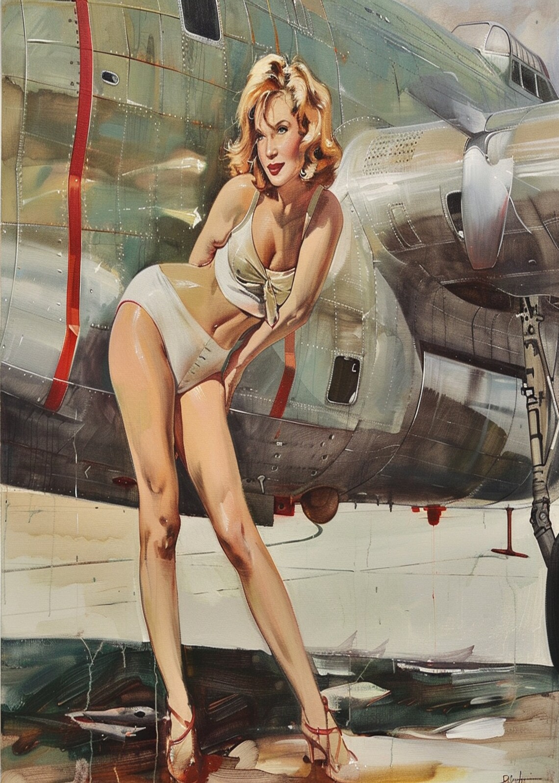 Blonde Pinup Girl Leaning Against an Airplane Vintage Poster - Image 3