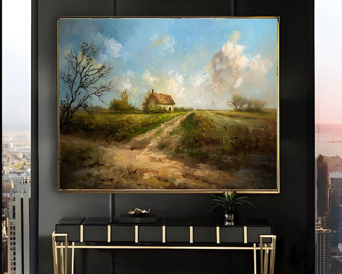 Red Roof Cottage Across Dirt Road Flat Farmland Summer Poster