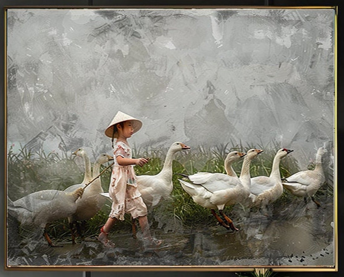 Young Girl in Straw Hat Leading White Geese Watercolor Poster - Image 2