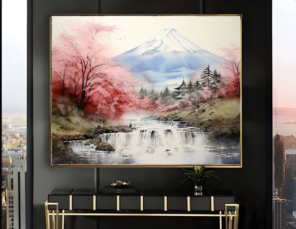 Mount Fuji with Cherry Blossoms and a Mountain Waterfall Poster