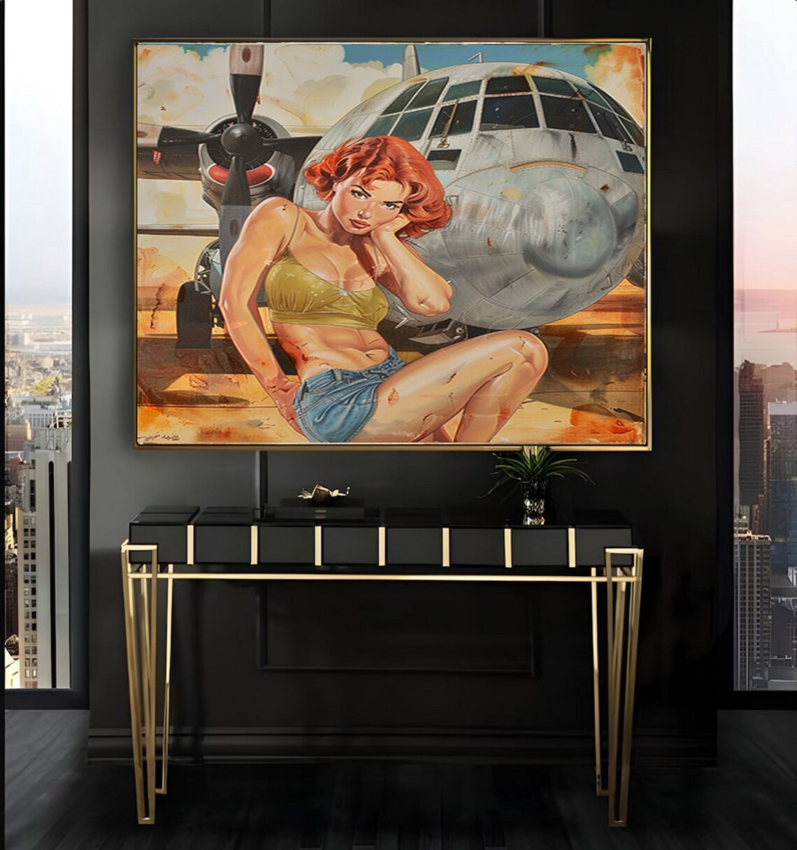 Redhead Pinup Girl Seated by an Airplane Nose Vintage Poster - Image 2