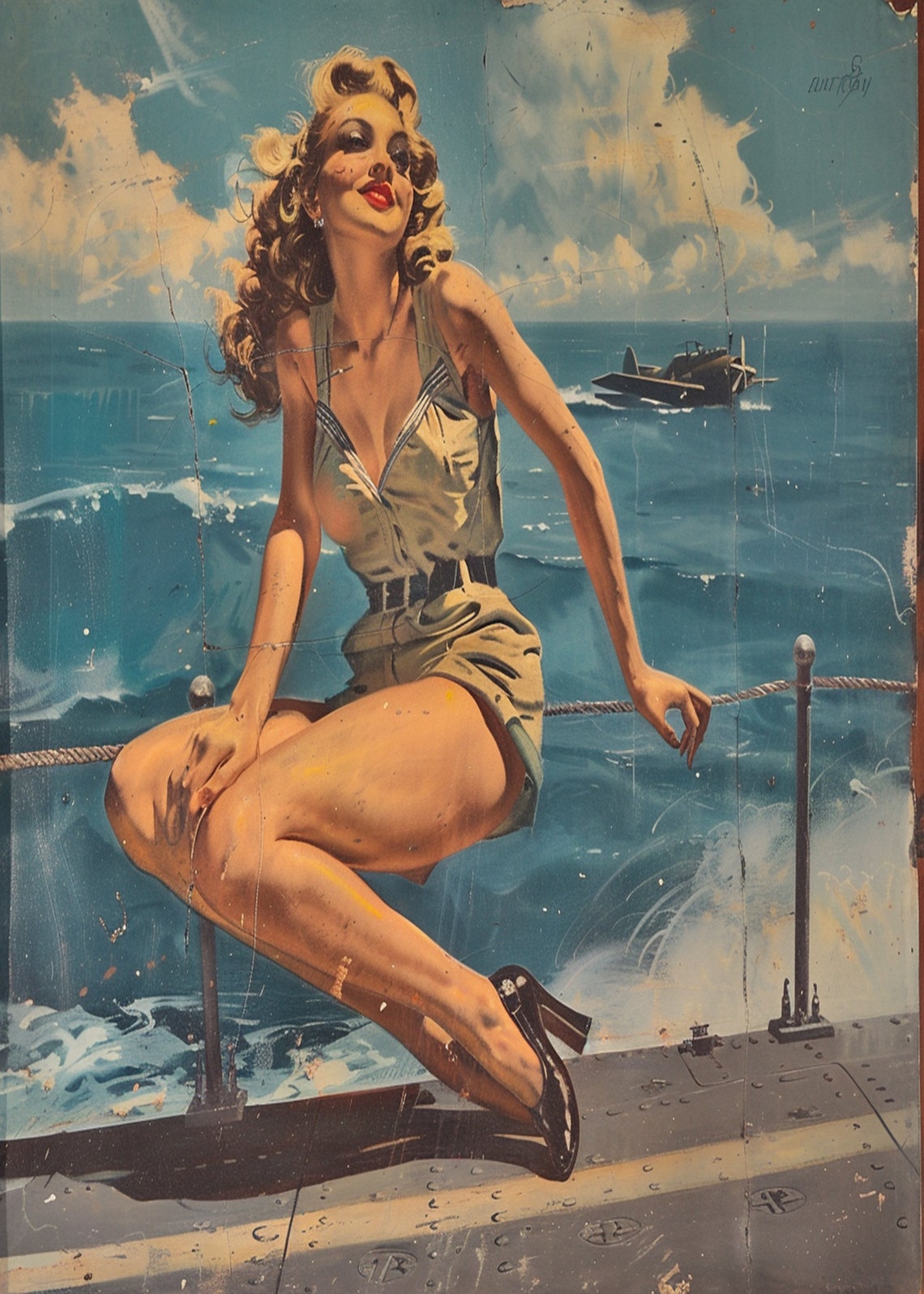 Pinup Girl Sitting on a Ship Deck Vintage Style Ocean Poster - Image 3