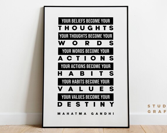 Beliefs Become Thoughts 1 Mahatma Gandhi Quote Print Minimal Typography Black And White Motivational Inspiring Unframed Poster
