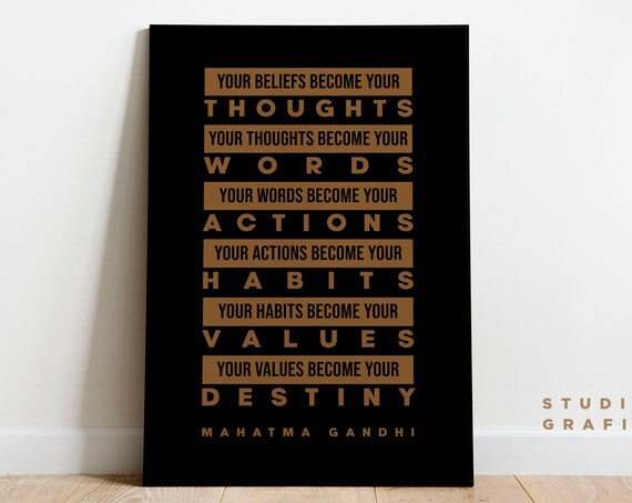 Beliefs Become Thoughts 3 Mahatma Gandhi Quote Print Minimal Typography Black And Brown Motivational Inspiring Unframed Poster
