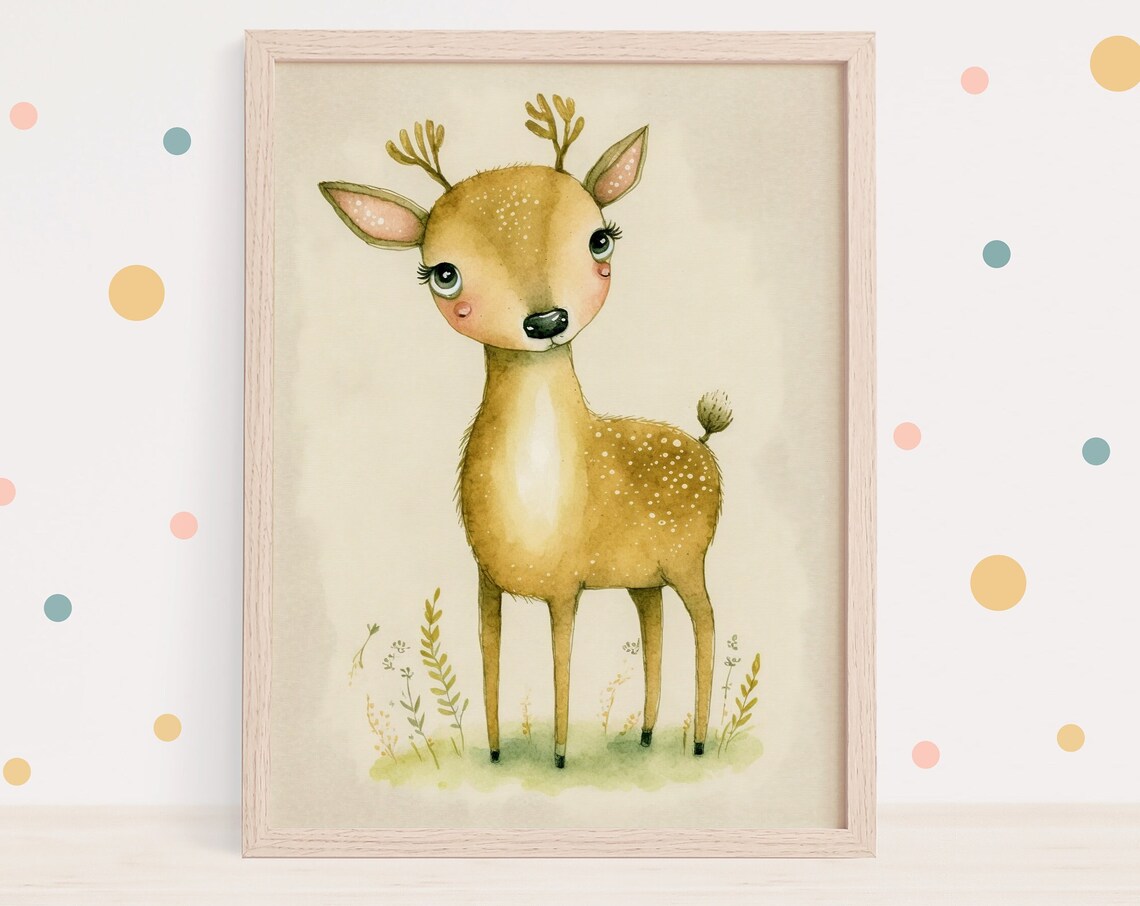 Cute Baby Deer Fawn in Watercolor Nursery Woodland Art Print