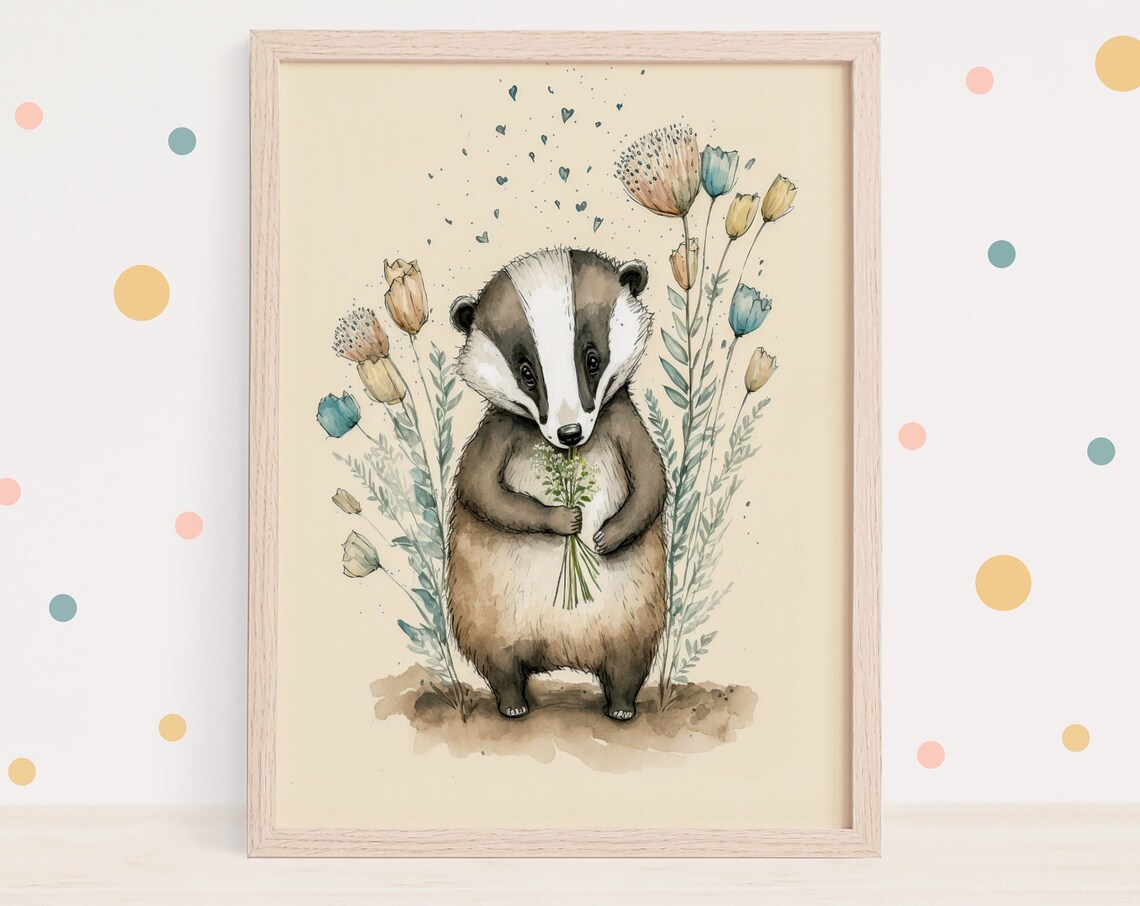 Baby Badger Holding Flowers Watercolor Nursery Woodland Art Print