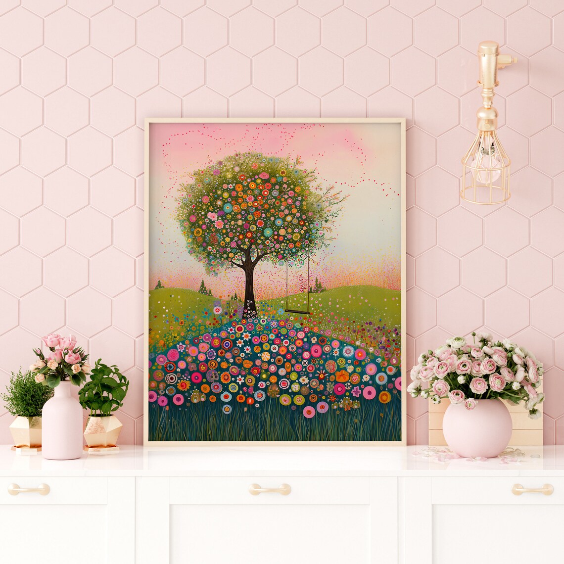 Flower Tree with Swing Whimsical Floral Meadow Fantasy Painting Poster