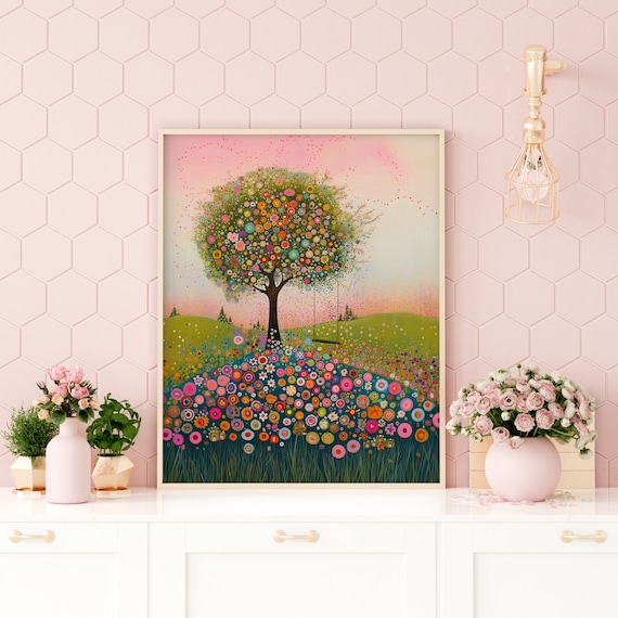 Flower Tree with Swing Whimsical Floral Meadow Fantasy Painting Poster