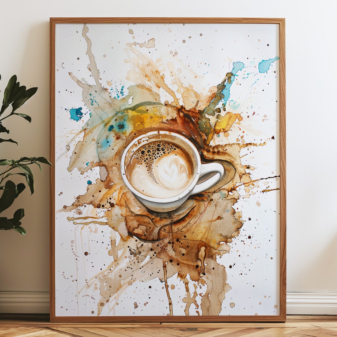 Watercolor Latte Coffee Cup Artistic Splash Kitchen Wall Art