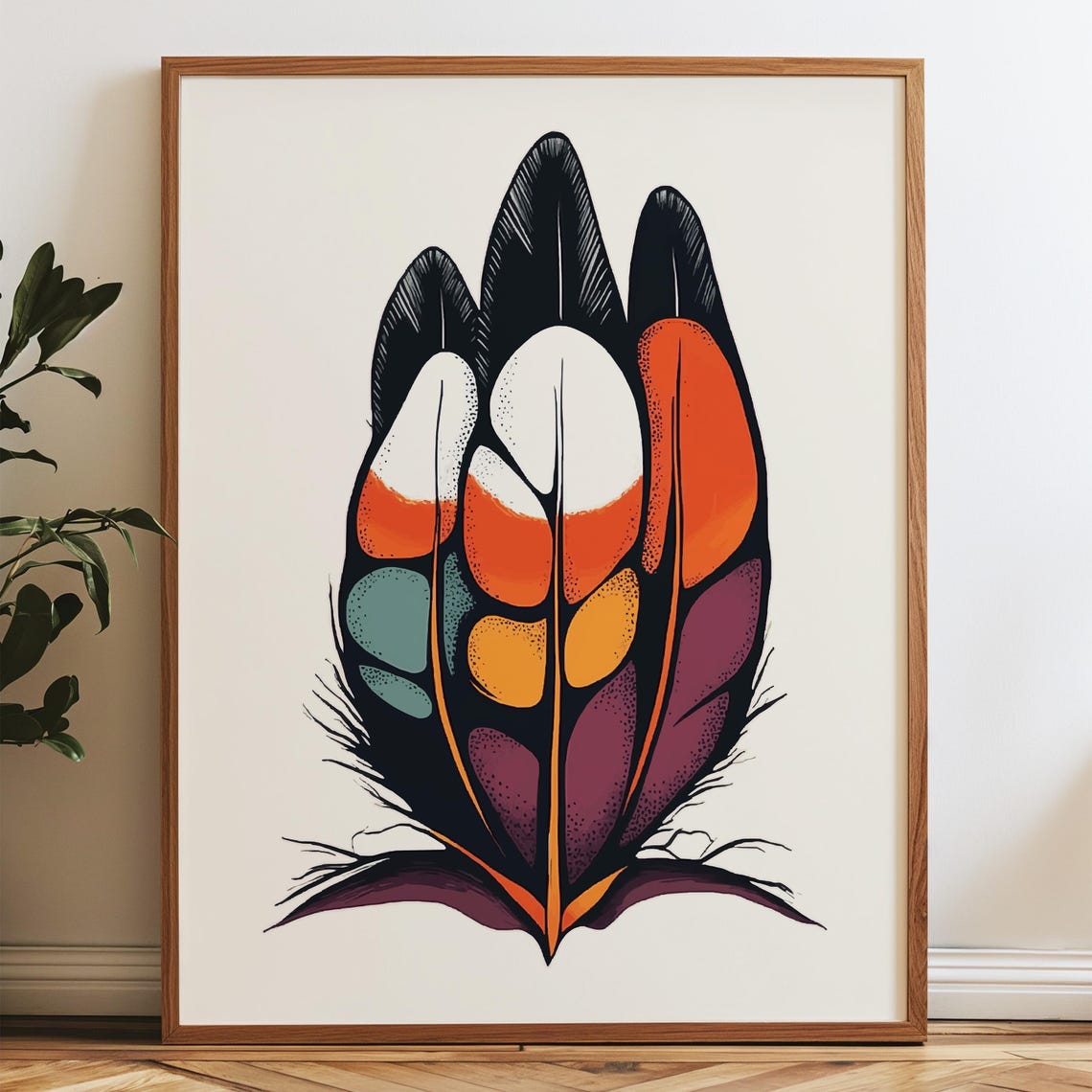 Bold Tribal Feather Black Orange Teal Indigenous Boho Spirit Poster