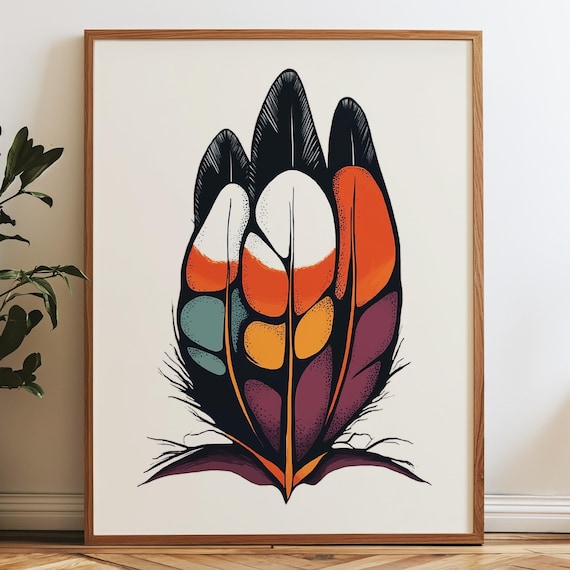 Bold Tribal Feather Black Orange Teal Indigenous Boho Spirit Poster