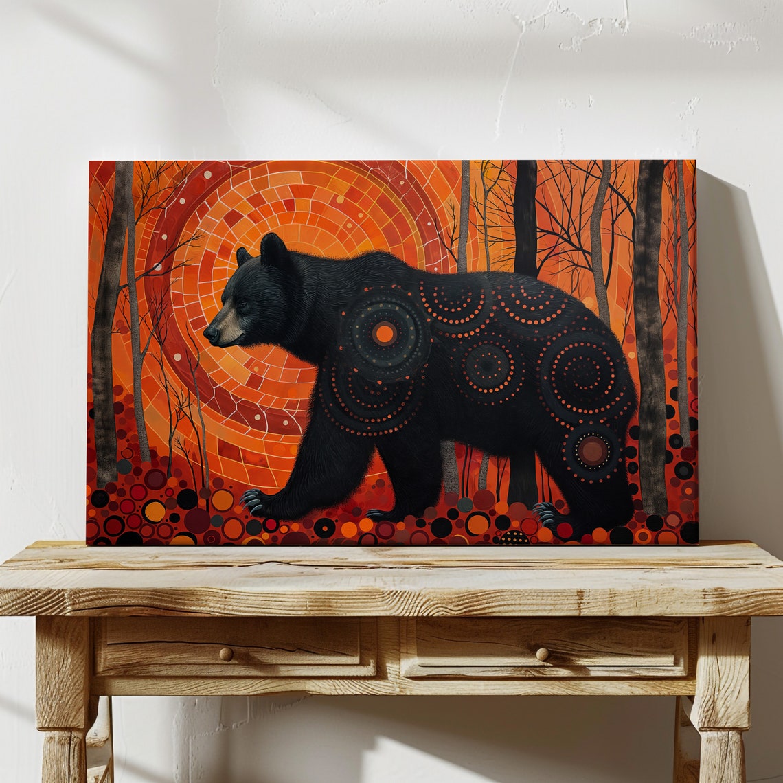 Black Bear Tribal Dot Pattern Orange Forest Spirit Wildlife Poster