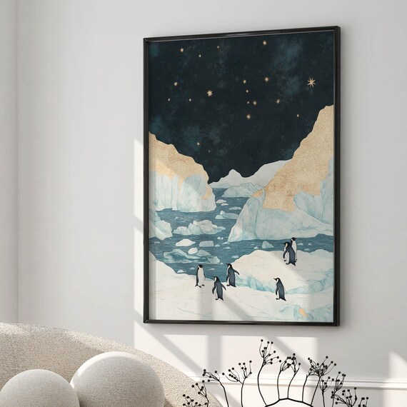 Penguin Colony Iceberg Arctic Night Stars Winter Wonderland Poster
