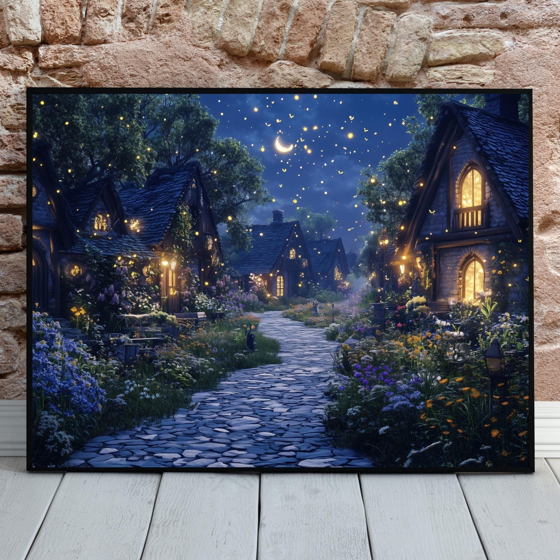 Moonlit Fairy Tale Village Crescent Moon Cobblestone Path Night Poster