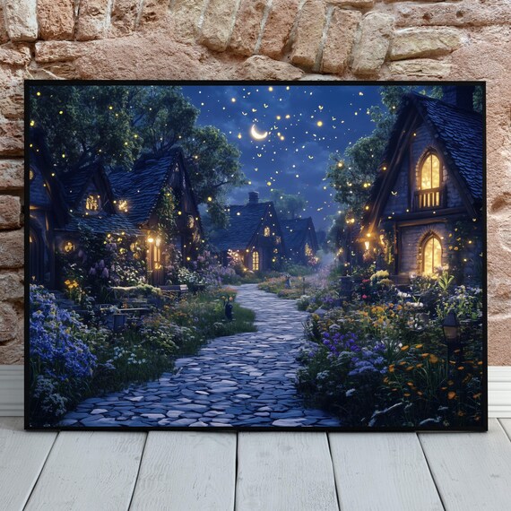 Moonlit Fairy Tale Village Crescent Moon Cobblestone Path Night Poster