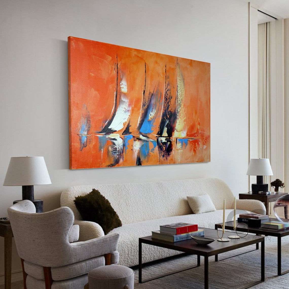 Large Sailboat Party Painting On Colorful Sailboats Harbor Painting Nautical Landscape Painting Bed Room Wall Art Summer Wall Decor - Image 2