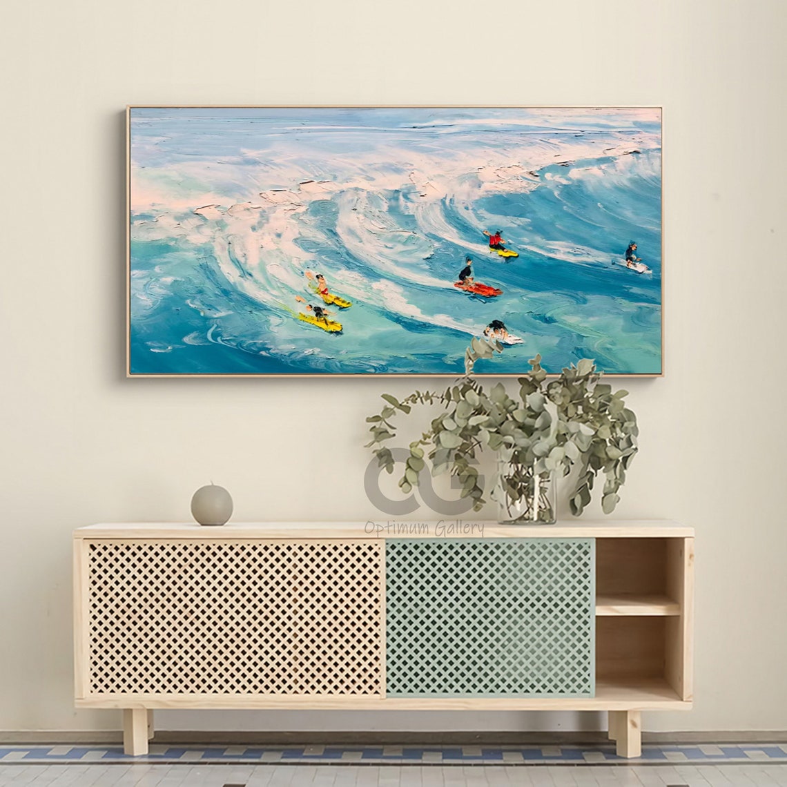 Surfers Riding Big Blue Waves Impasto Ocean Surf Sport Scene Poster - Image 2