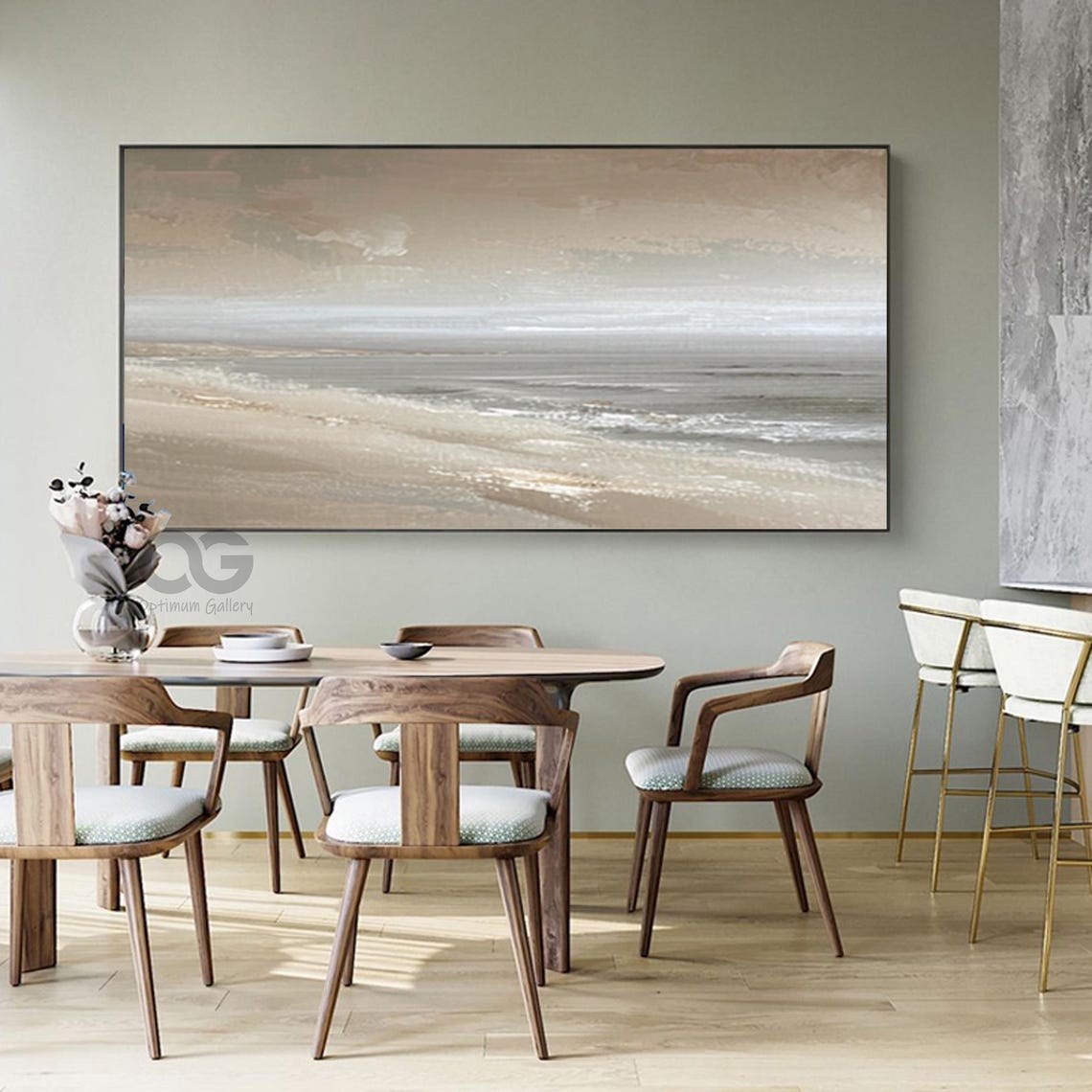 Soft Beige Misty Shoreline Minimal Panoramic Seascape Beach Poster - Image 4