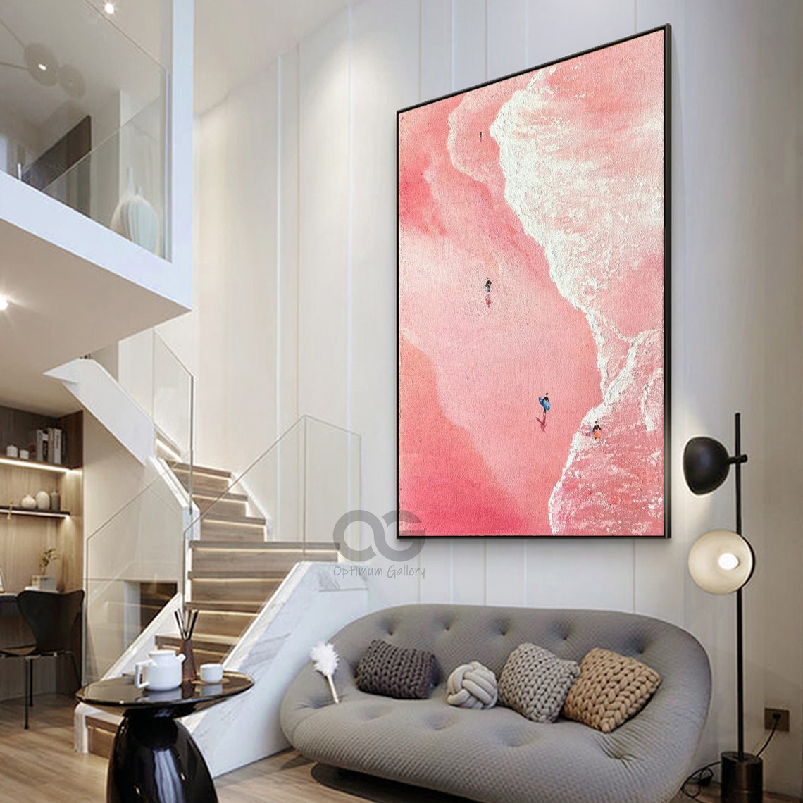 Pink Sand Beach White Foam Wave Tiny Surfers Vertical Art Poster - Image 2