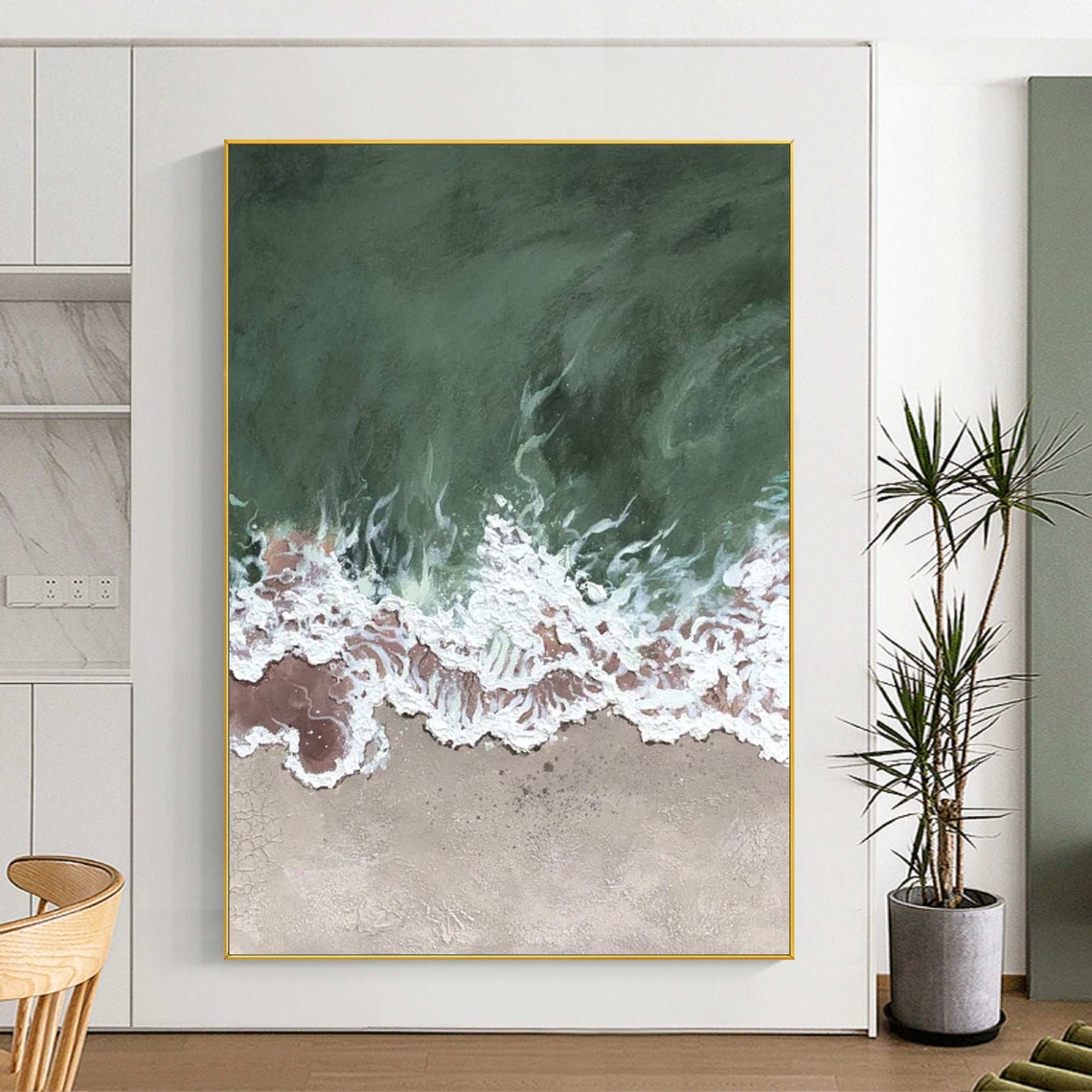 Aerial Green Sea White Foam Waves Pale Sand Beach Ocean Scene Poster